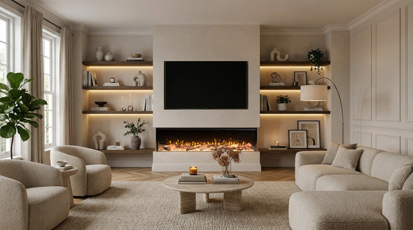 Econovex 2000 3-sided electric fire in a plastered chimney breast with lit alcove shelves and a 75 inch TV, styled living room