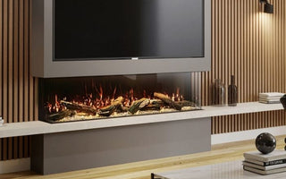 Panoramic electric fire with realistic flames and wood wall panelling