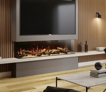 Panoramic electric fire with realistic flames and wood wall panelling