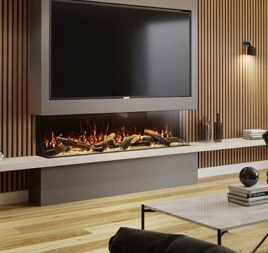 Panoramic electric fire with realistic flames and wood wall panelling