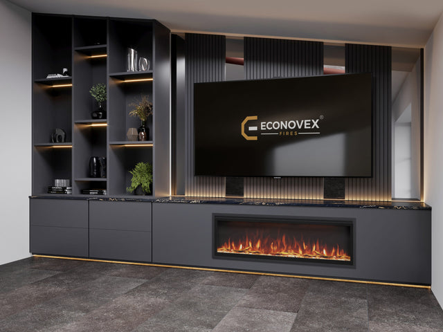 Econovex B150 50 inch insert electric fire in a floating media wall cabinet under a TV