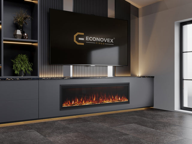 Econovex B160 60 inch insert electric fire in a floating media wall cabinet under a TV