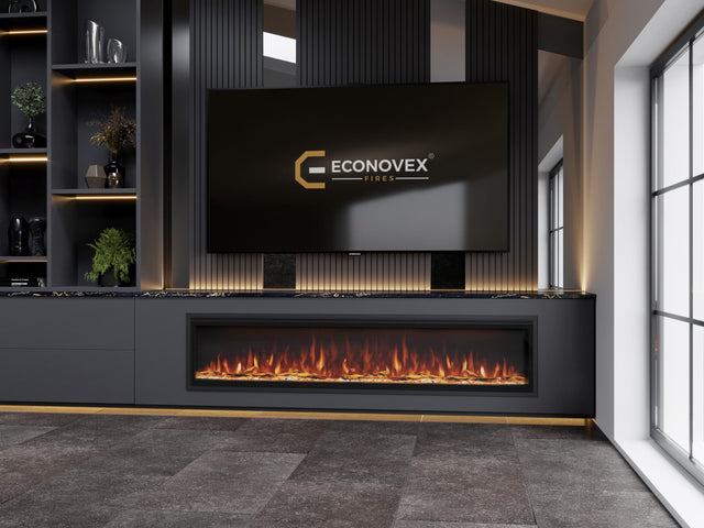 Econovex B174 74 inch insert electric fire in a floating media wall cabinet under a TV