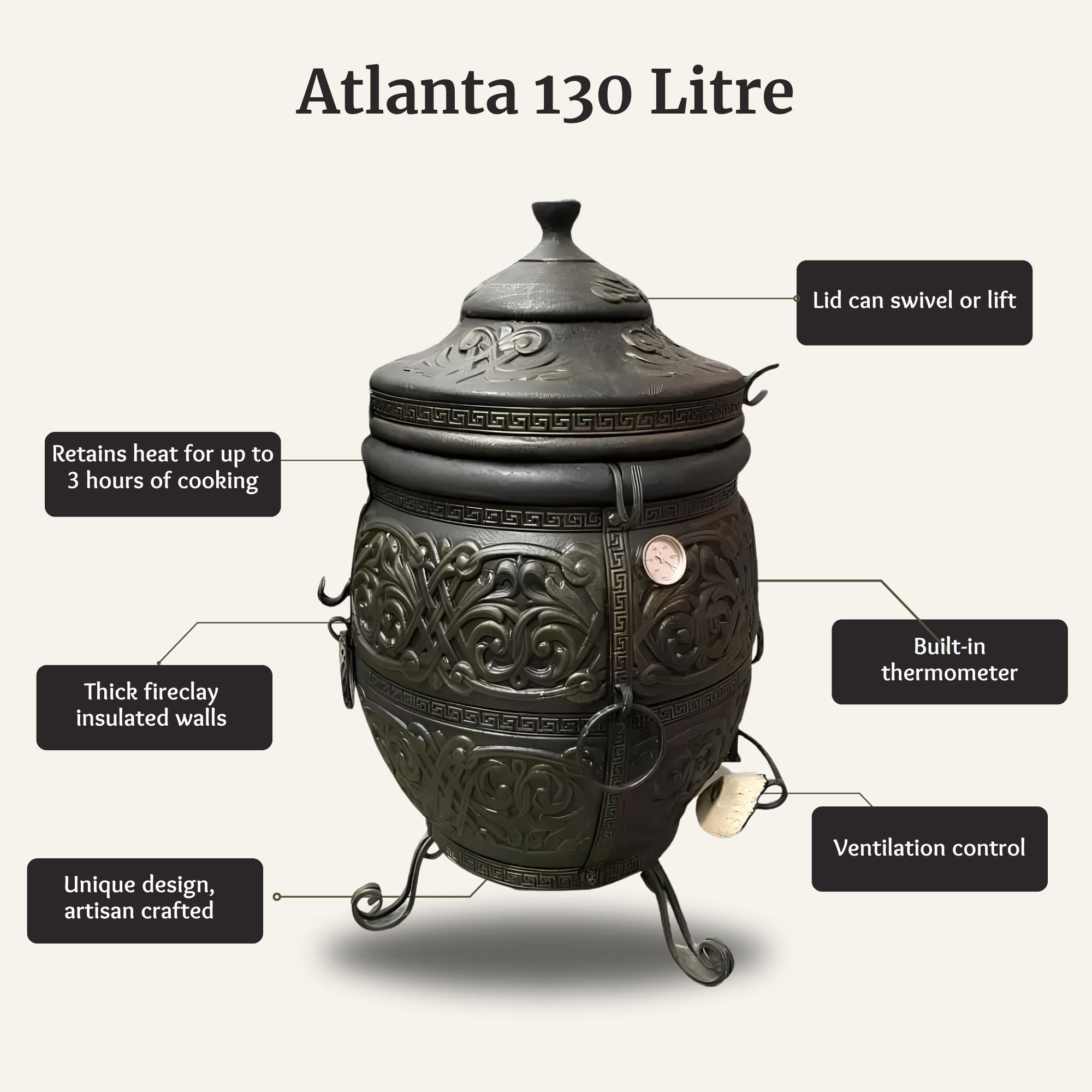 Atlanta black clay tandoor grill oven extra large retains heat for 3 hours of cooking, authentic artisan designs