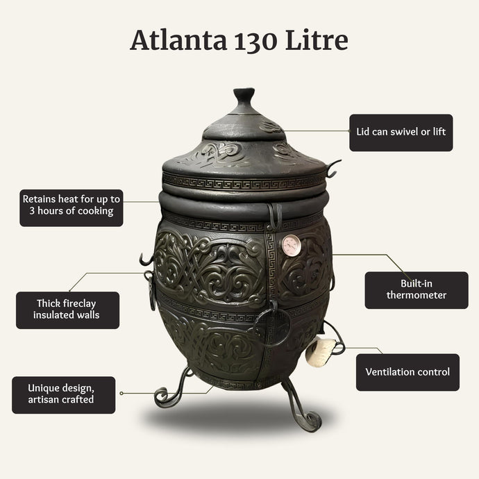 Atlanta black clay tandoor grill oven extra large retains heat for 3 hours of cooking, authentic artisan designs