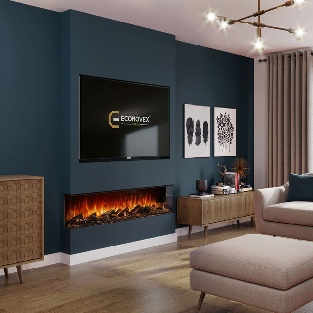 Econovex Slimline low-level electric fire in a navy media wall under a TV