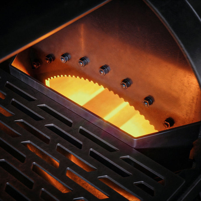 Advanced serrated airflow system for enhanced heat management and smoke control in the Element offset smoker.