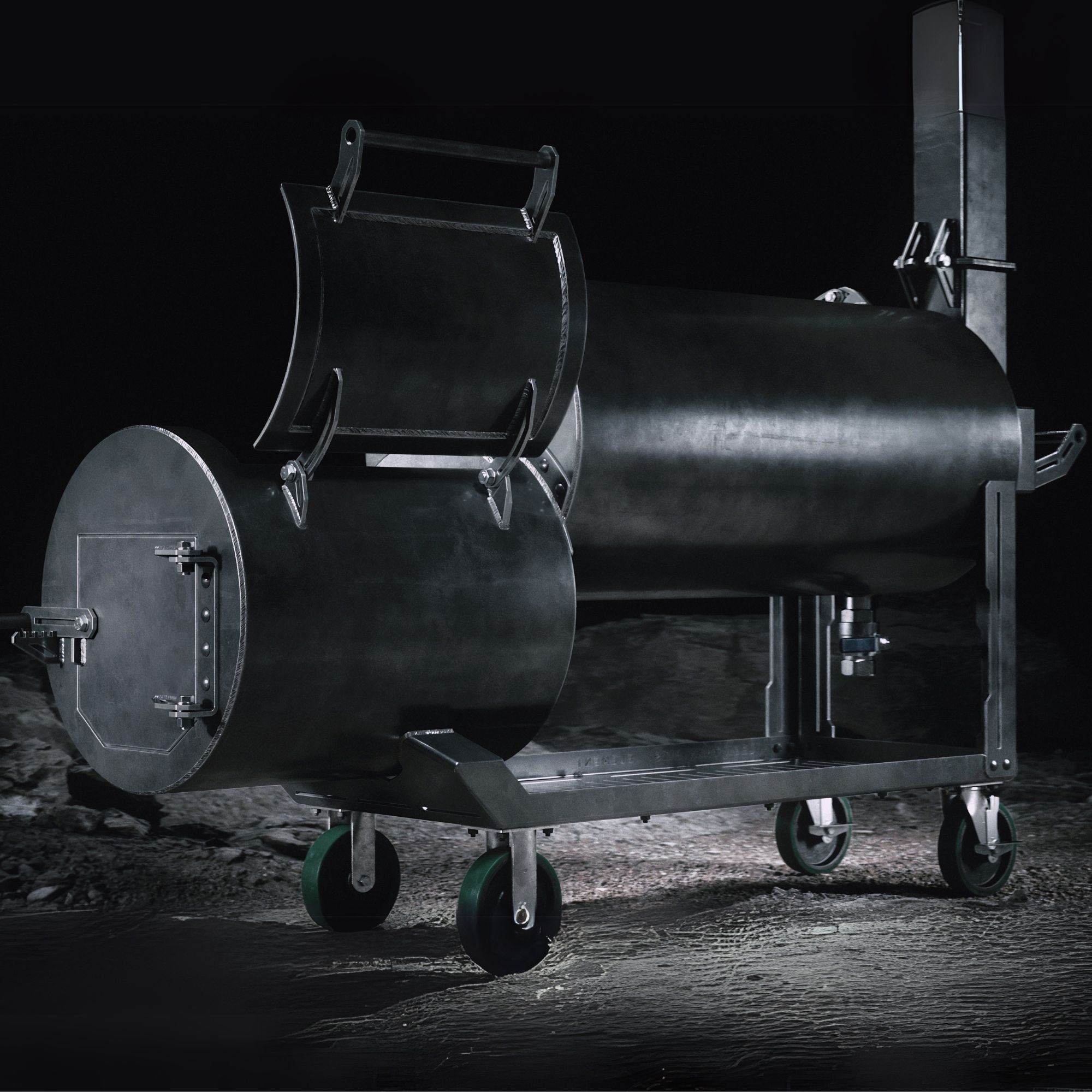 Rear angle of the Element industrial offset smoker showing heavy-duty construction and smoke stack