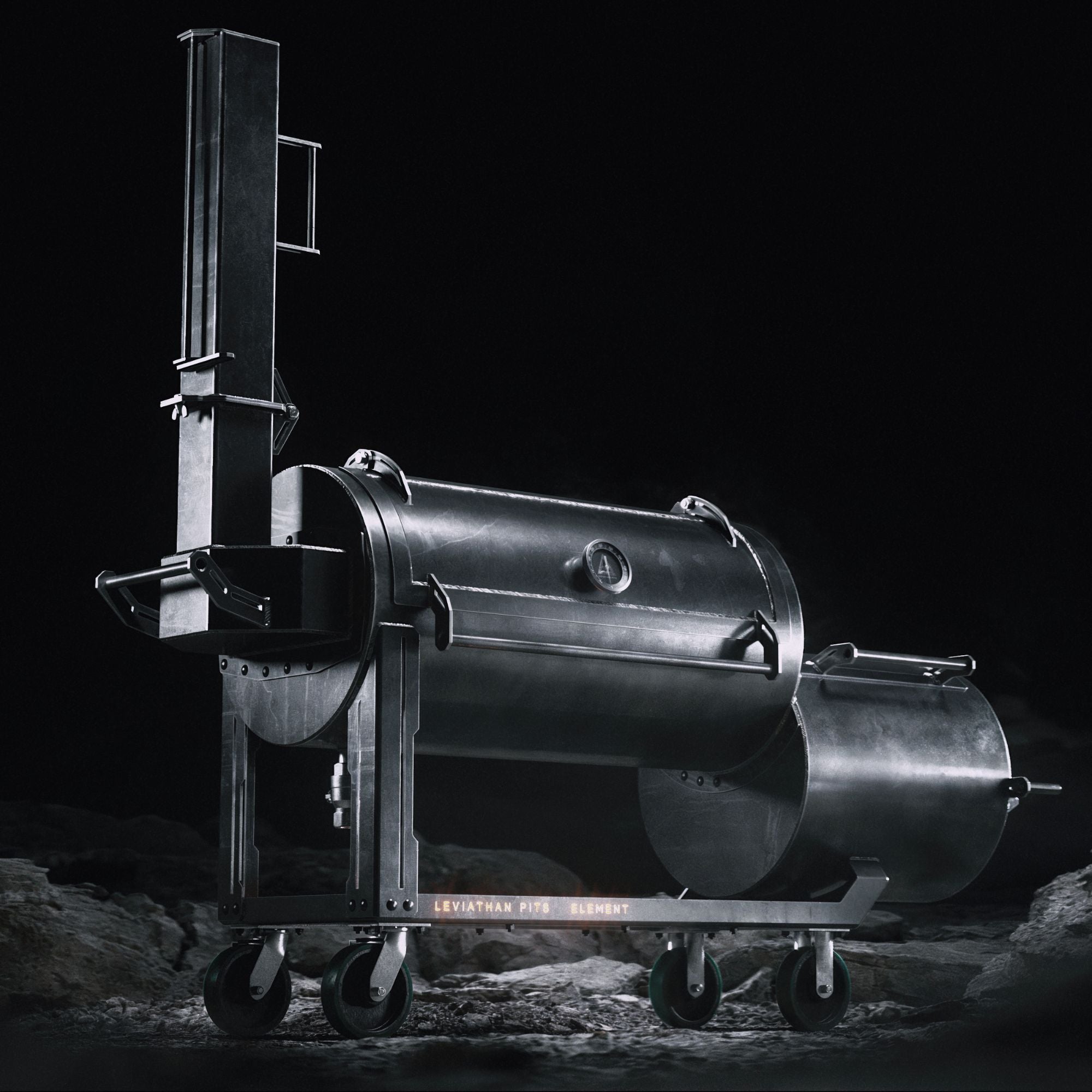Front view of the Element offset smoker on wheels – a high quality industrial BBQ smoker with rugged build and bold design