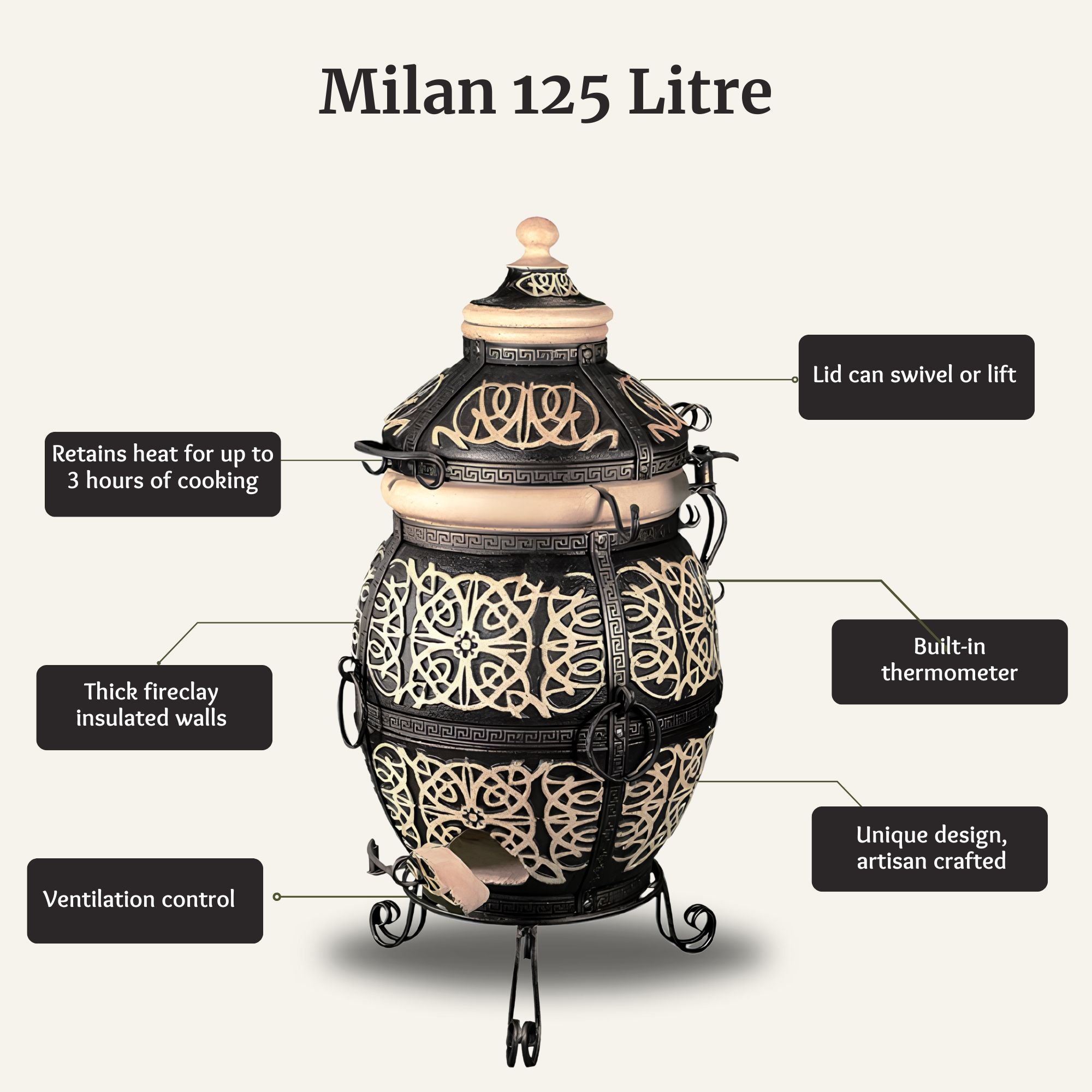 Extra large outdoor clay tandoor oven 125 litre capacity with extra thick walls, heats for 3 hours, artisan design