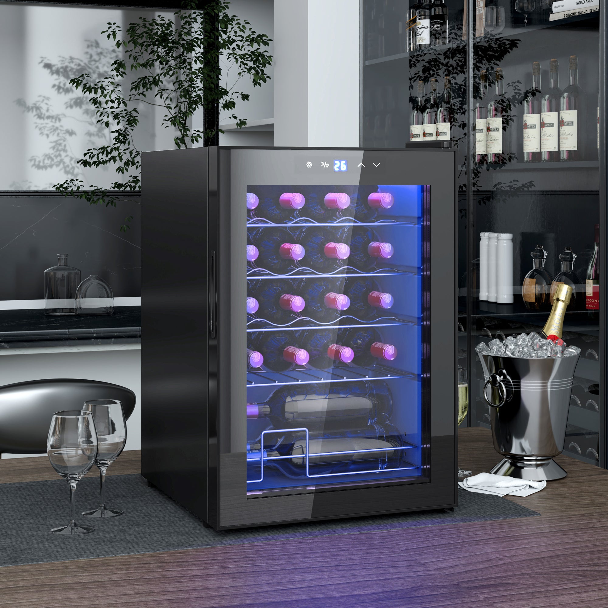 Wine Fridge with Glass Door, Touch Screen LED Light - Up to 20 Bottles