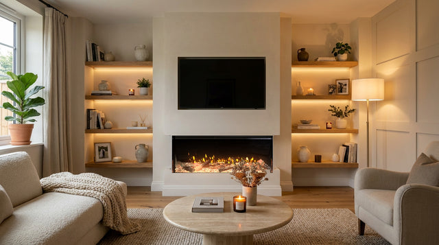 Econovex 1270 3-sided electric fire in a plastered chimney breast with lit alcove shelves and a 50 inch TV, styled living room