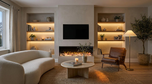 Econovex 1600 3-sided electric fire in a plastered chimney breast with lit alcove shelves and a 55 inch TV, styled living room