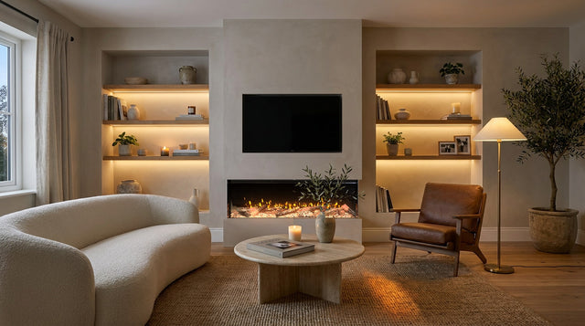 Econovex 1600 3-sided electric fire in a plastered chimney breast with lit alcove shelves and a 55 inch TV, styled living room