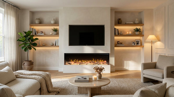 Econovex 1800 3-sided electric fire in a plastered chimney breast with lit alcove shelves and a 65 inch TV, styled living room