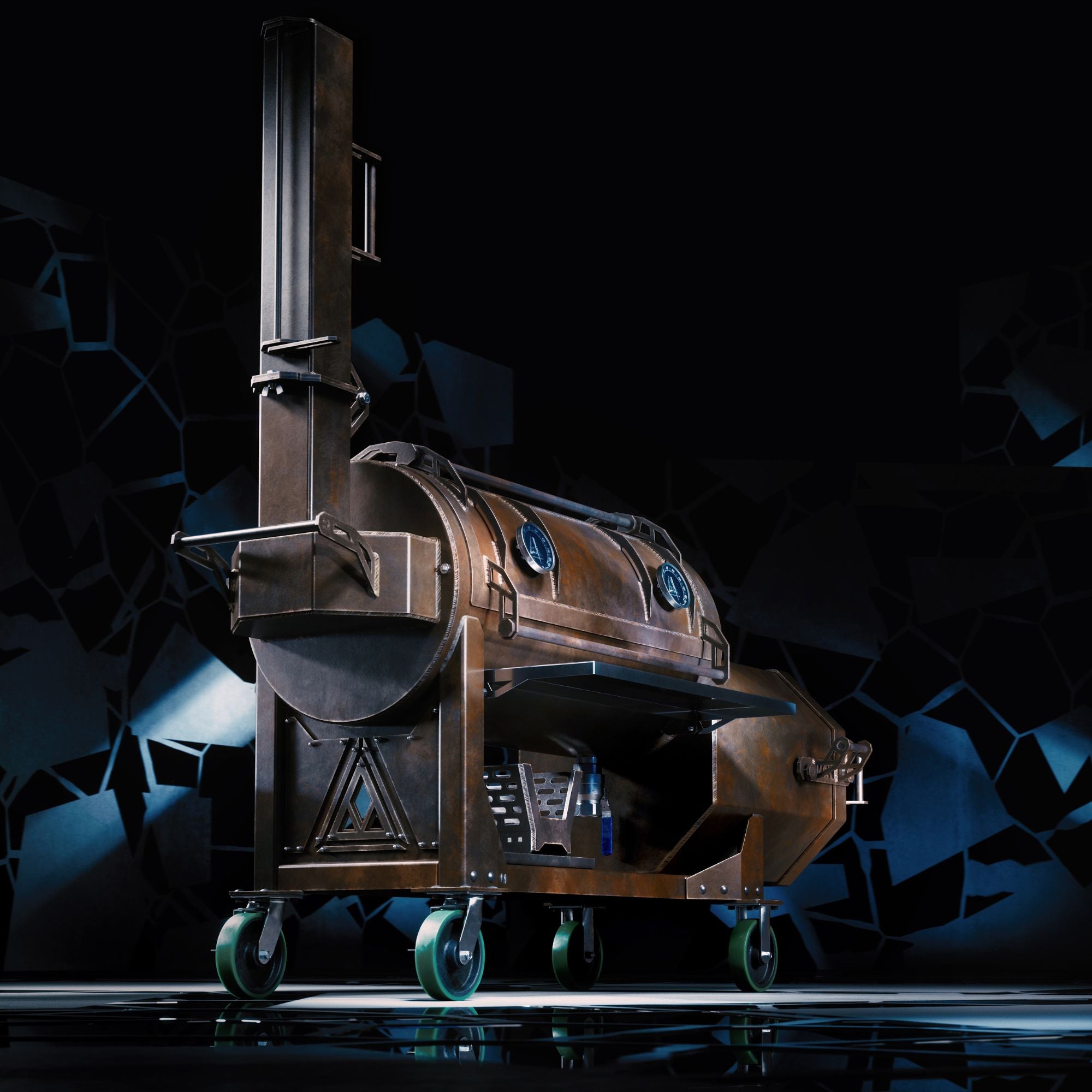 Angled side view of the Fractal 90 custom offset smoker – built for serious backyard smoking.