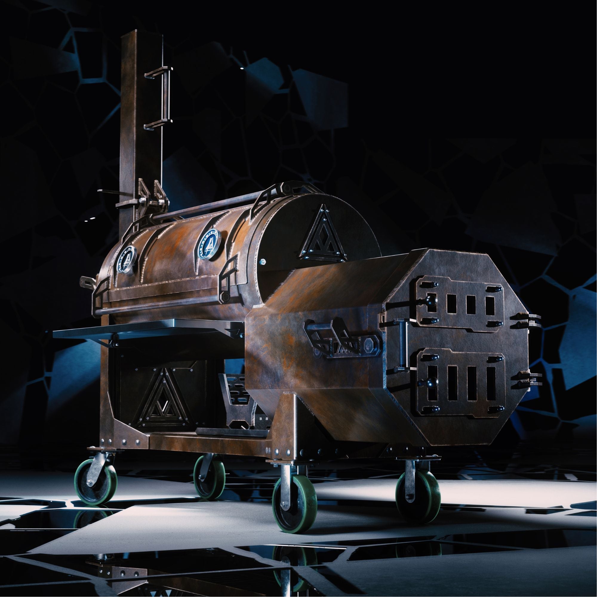 Side profile of the Fractal 90 heavy gauge steel smoker showing its industrial custom offset design